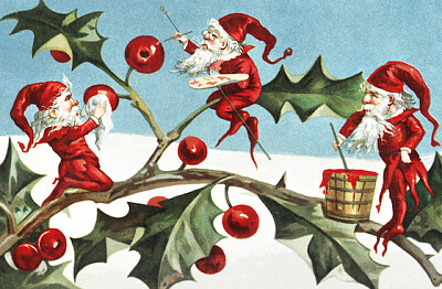Santa elves painting berries on holly leaves