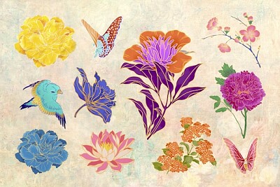 Japanische Blumenillustrationscollage