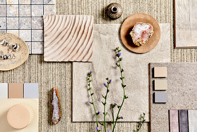 Flache Lage des Creative Beige Architect Moodboard