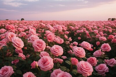 Paisaje de rosas rosadas florecientes