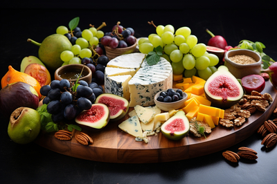 Piatto di frutta esotica e formaggi