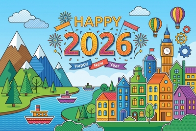 Carte de vœux Bonne année 2026 - Scène de village colorée