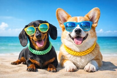 晴れた日にビーチを楽しむ犬たち。