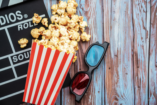 Cinema movie items, clapperboard, pop corn and 3d 
