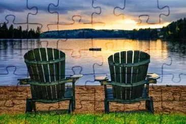 Wooden Chairs at Sunset on Beach jigsaw puzzle