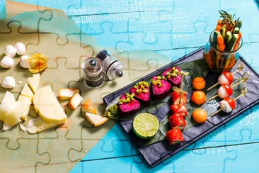 Catering. Away the food. snacks on blue wooden bac jigsaw puzzle