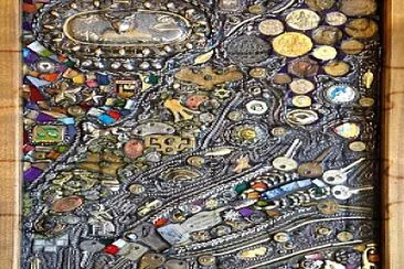 mosaic with keys, chain, pins, coins, and other