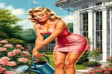 A girl watering flowers