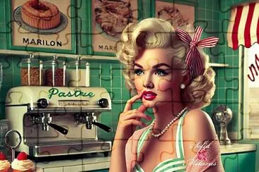 Marilyn Monroe posing in a 50’s style tea room!