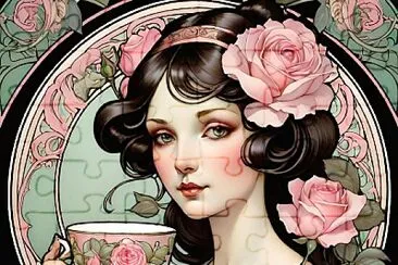 mucha lady with teacup