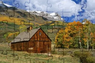 barn and birches