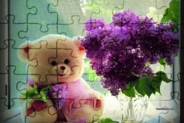 Cute Teddy Bear and Lilacs-Still Life jigsaw puzzle