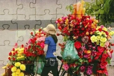 Girl with Bike and Flowers jigsaw puzzle