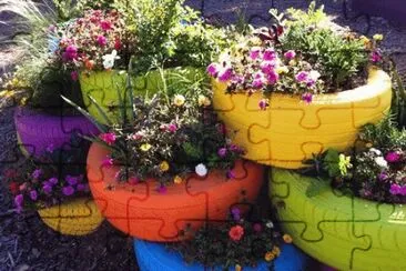 Painted recycled Tires in the Garden jigsaw puzzle
