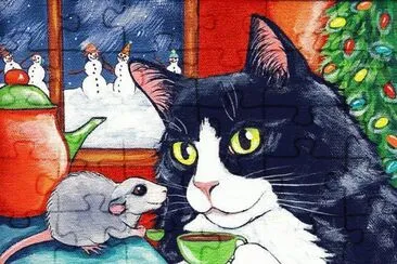 Cat and Mouse having Christmas Tea