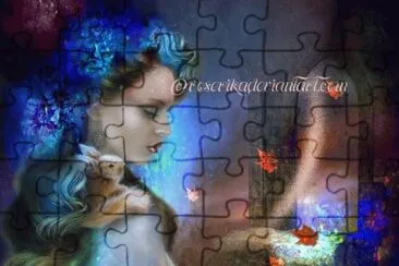 Dibujo de mujer con conejo en el hombro jigsaw puzzle