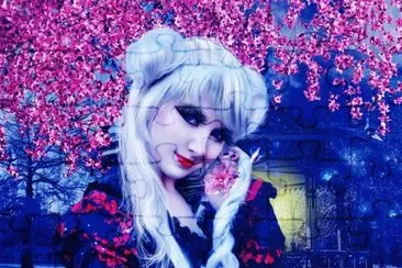 Chica de pelo blanco y flores rosas jigsaw puzzle