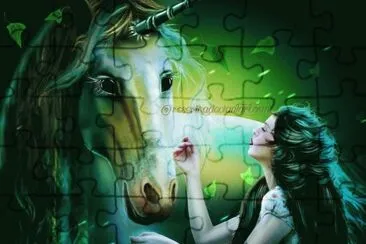Mujer con unicornio verde jigsaw puzzle
