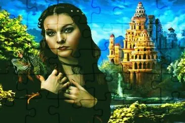 Mujer con iguana y castillo de fondo