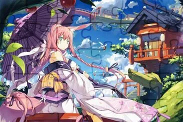 Chica conejo animÃ© con sombrilla y kimono jigsaw puzzle