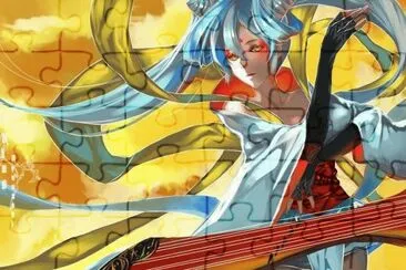Mujer animÃ© tocando instrumento con fondo amarillo jigsaw puzzle