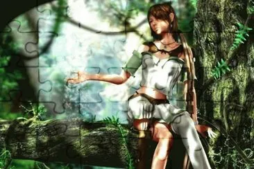 Mujer con arco en el bosque sentada en un Ã¡rbol jigsaw puzzle