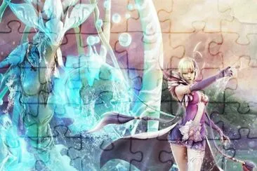Chica caminando por el agua con criatura