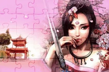 Chica oriental con espada y flores