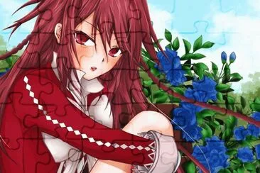 Chica animÃ© sentada al lado de rosas azules jigsaw puzzle