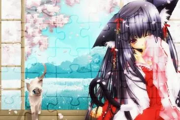 Chica gato animÃ© en la ventana con gato jigsaw puzzle