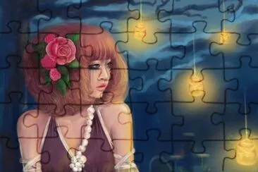 Chica oriental en la noche con luces jigsaw puzzle