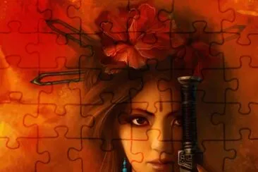 Chica con espada en fondo naranja y rojo
