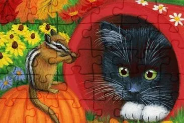 פאזל של Kitten and Chipmunk in Fall Garden