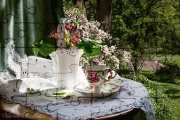 Pretty Tea Cup and Flowers in Fall Garden-Still Life
