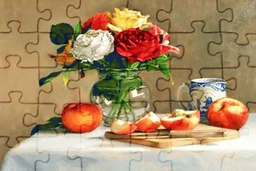 bodegon flores y frutas
