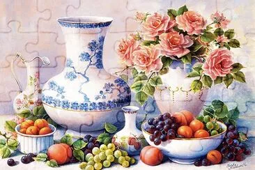 Bodegon de flores y frutas