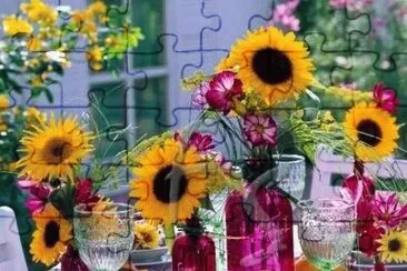 Sunflower Party Table on Purple Gingham jigsaw puzzle