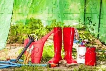 Red Gardening Tools and Boots