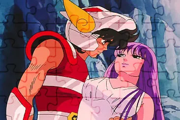 Seiya de PÃ©gaso apoia Saori Kido em seus braÃ§os jigsaw puzzle