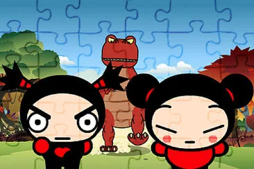 garu y pucca huyendo de un dinosaurio pucca jigsaw puzzle
