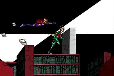 robin y starfire huyen de unos libros los jovenes titanes jigsaw puzzle