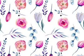 Aquarell rosa Pfingstrosen und blaue Zweige