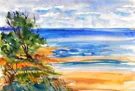 פאזל של נוף ים מופשט בצבעי מים עם חול