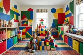 Kinderspielzimmer voller Bücher, Bausteine, St.