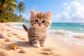 Gatinho em uma praia de areia