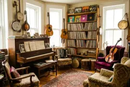 Pokój muzyczny z zabytkowymi przedmiotami