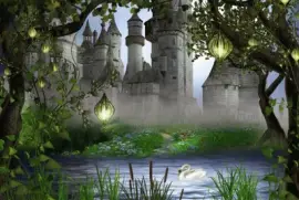 Paisaje con lago, cisne y castillo de fondo jigsaw puzzle