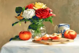 bodegon flores y frutas