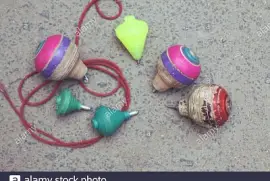 Classic wooden spinning top toy with string