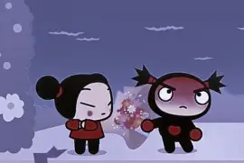 garu le entrega un ramo de rosas a pucca pucca